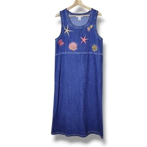 Caroline Kendrick Vintage 90s Nautical Denim Maxi Dress Seashells 100% Cotton M